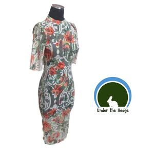 Codigo Cream Floral Sheer Mesh Bodycon Dress S M fairy feminine silhouette vtg